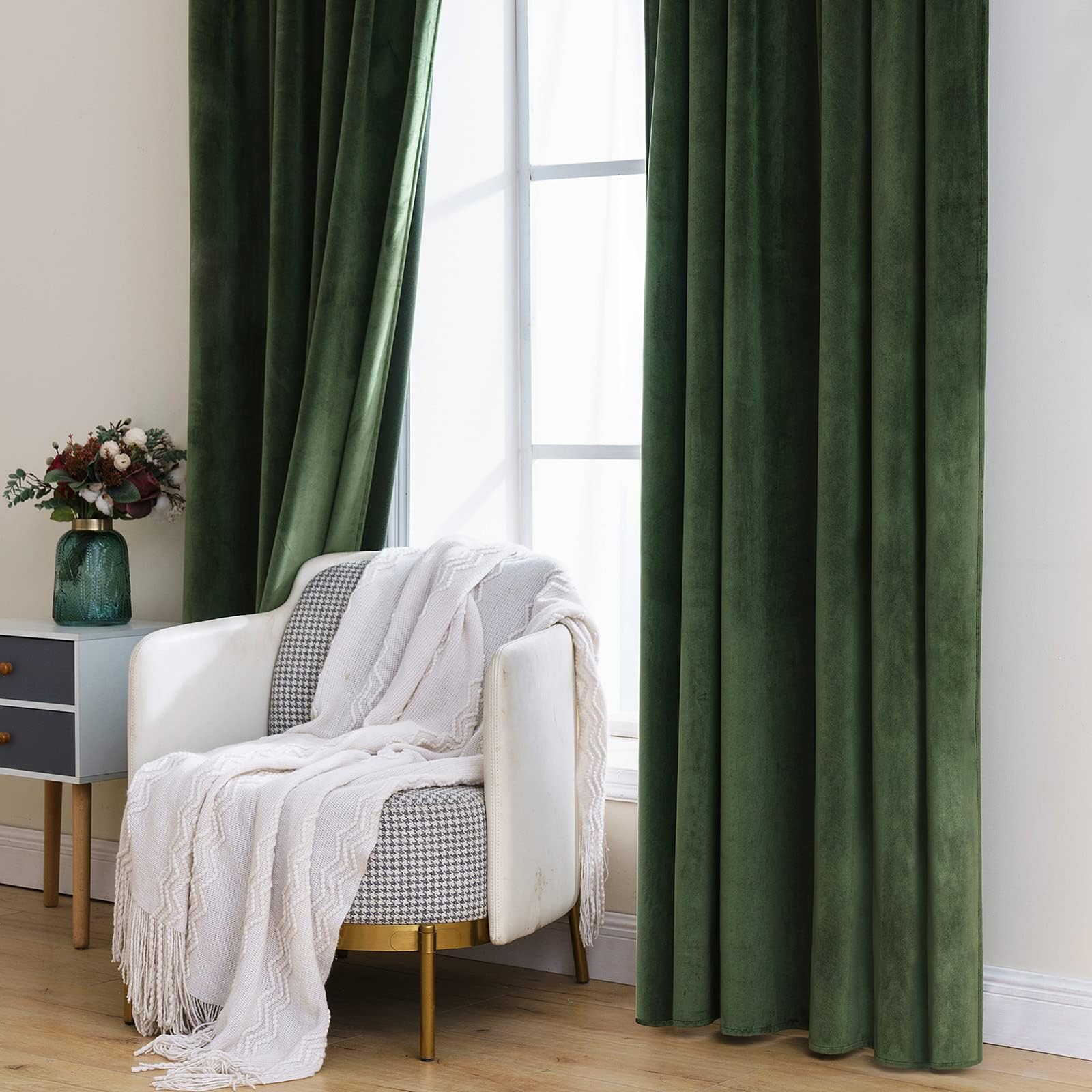 MIULEE velvet curtains olive green in a cozy bedroom setup improve ambience.