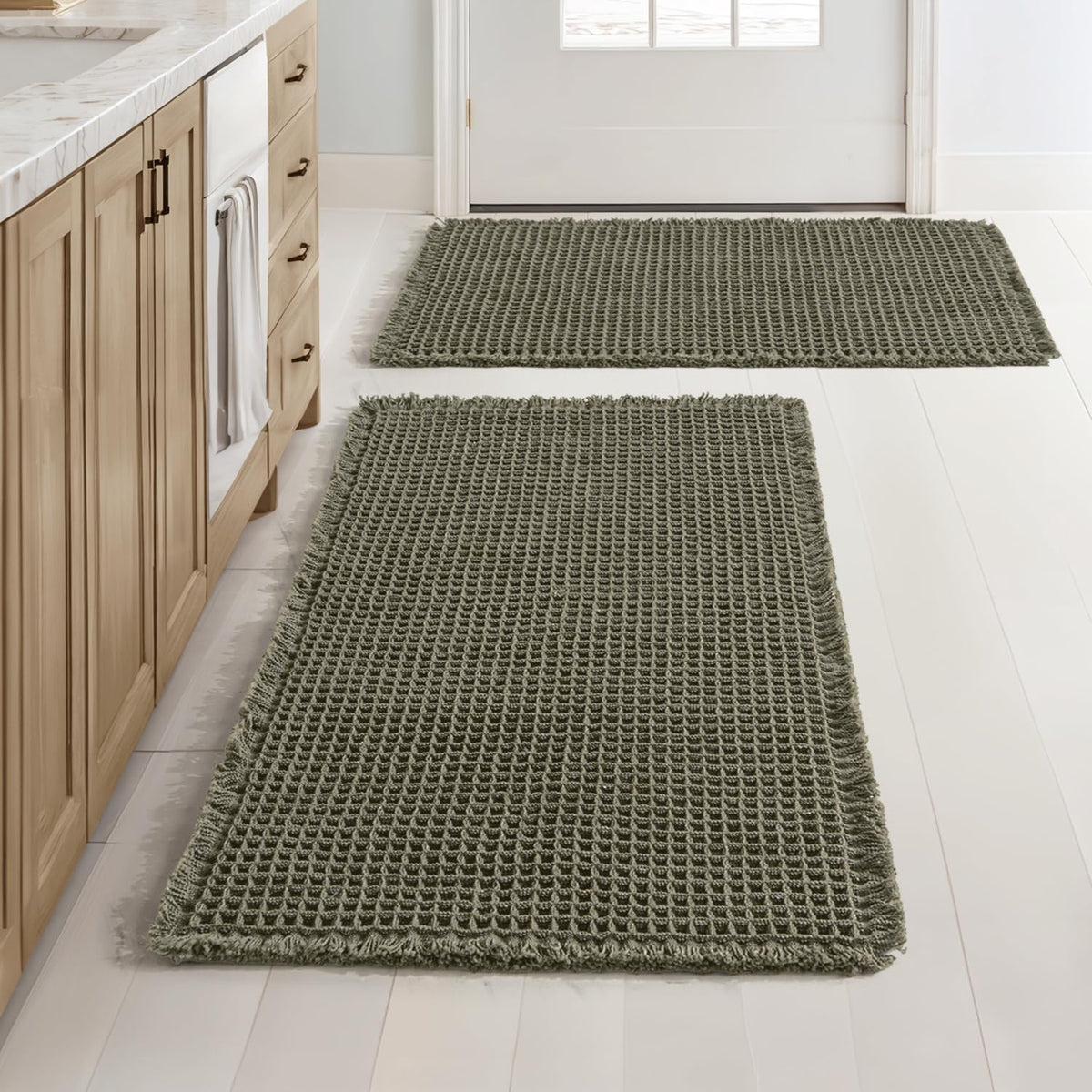 MIULEE waffle bath mat green 2-pack, front view, highly absorbent for bathroom floors.