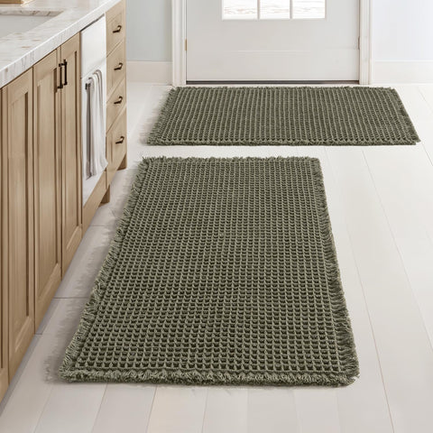 MIULEE waffle bath mat green 2-pack, front view, highly absorbent for bathroom floors.