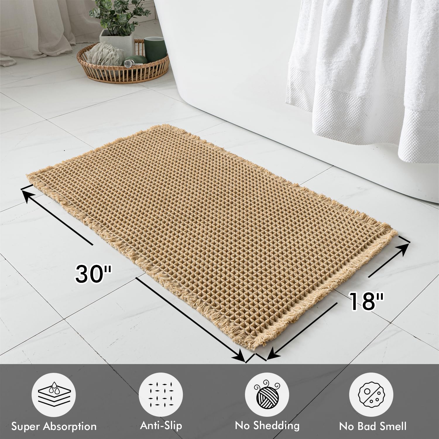 MIULEE waffle bath mats brown 18x30 back view with non-slip backing