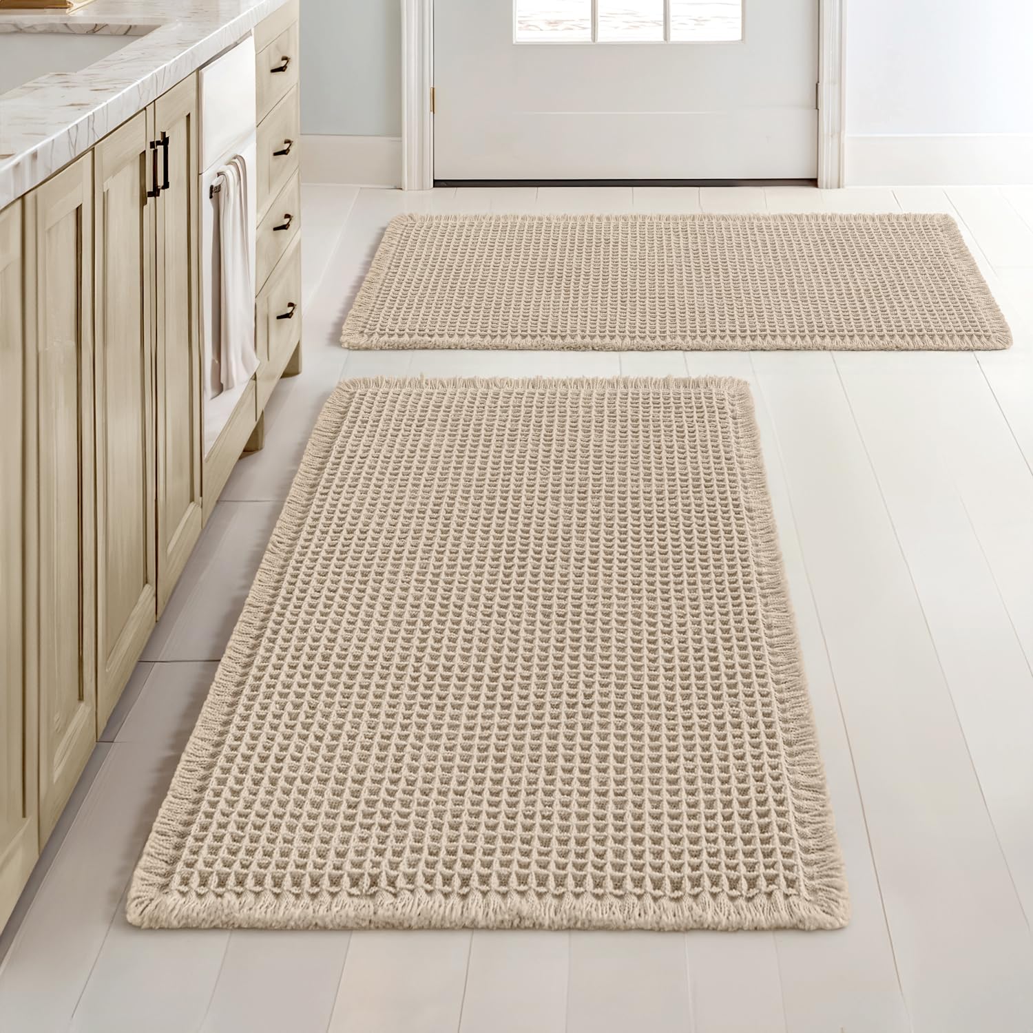 MIULEE waffle bath mats pale beige set with absorbent design for quick moisture pickup
