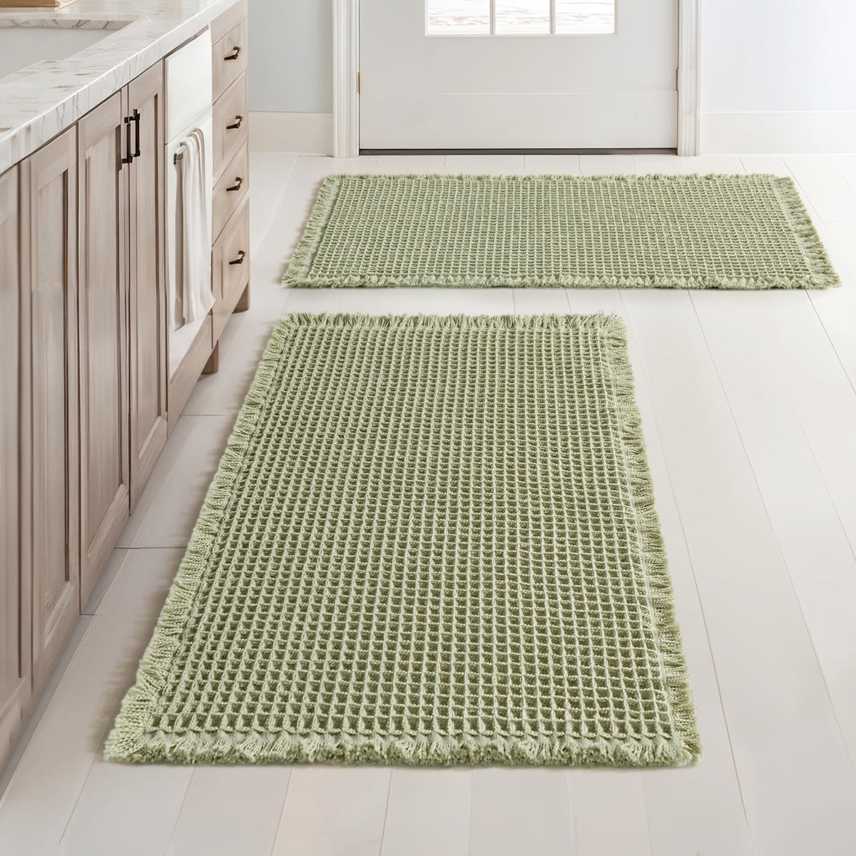 MIULEE waffle bath mats sage green with non-slip backing for safer bathroom floors.