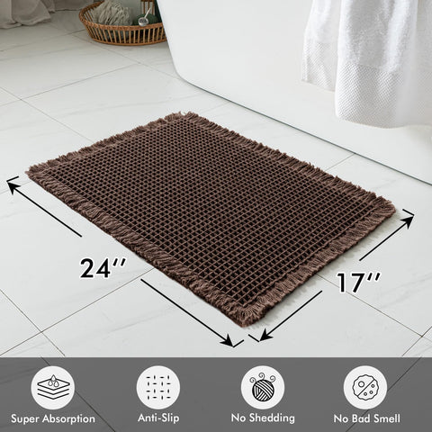 MIULEE waffle bath rug chocolate, back edge detail showing non-slip backing.