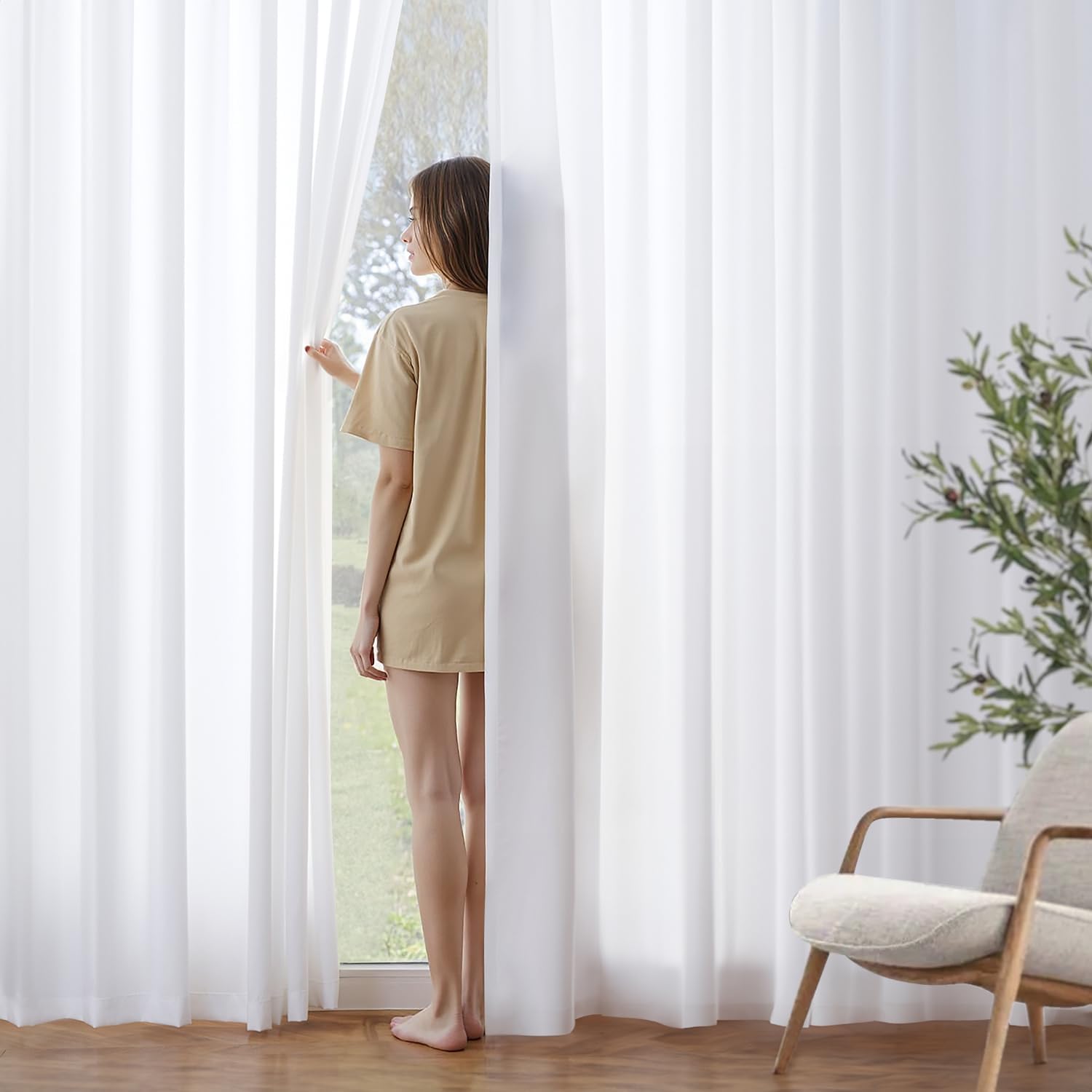 MIULEE white privacy curtain panel 52x84 front view for soft diffused light and privacy.