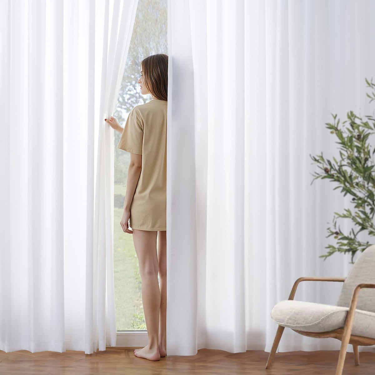 MIULEE white privacy curtain panel 52x84 front view for soft diffused light and privacy.