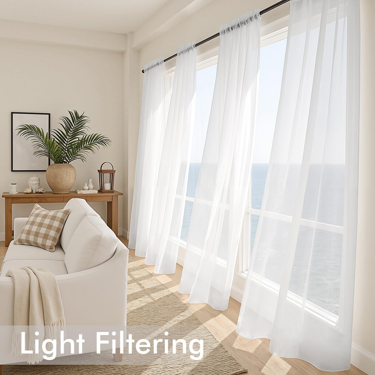 MIULEE white sheer curtains living room scene with soft sunlit glow.