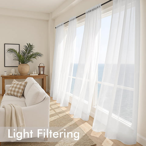 MIULEE white sheer curtains living room scene with soft sunlit glow.
