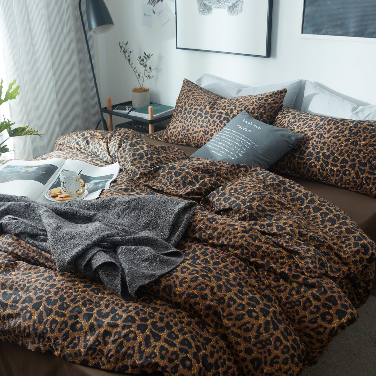 Mixinni cheetah print comforter queen set on bed scene for inviting sleep space.