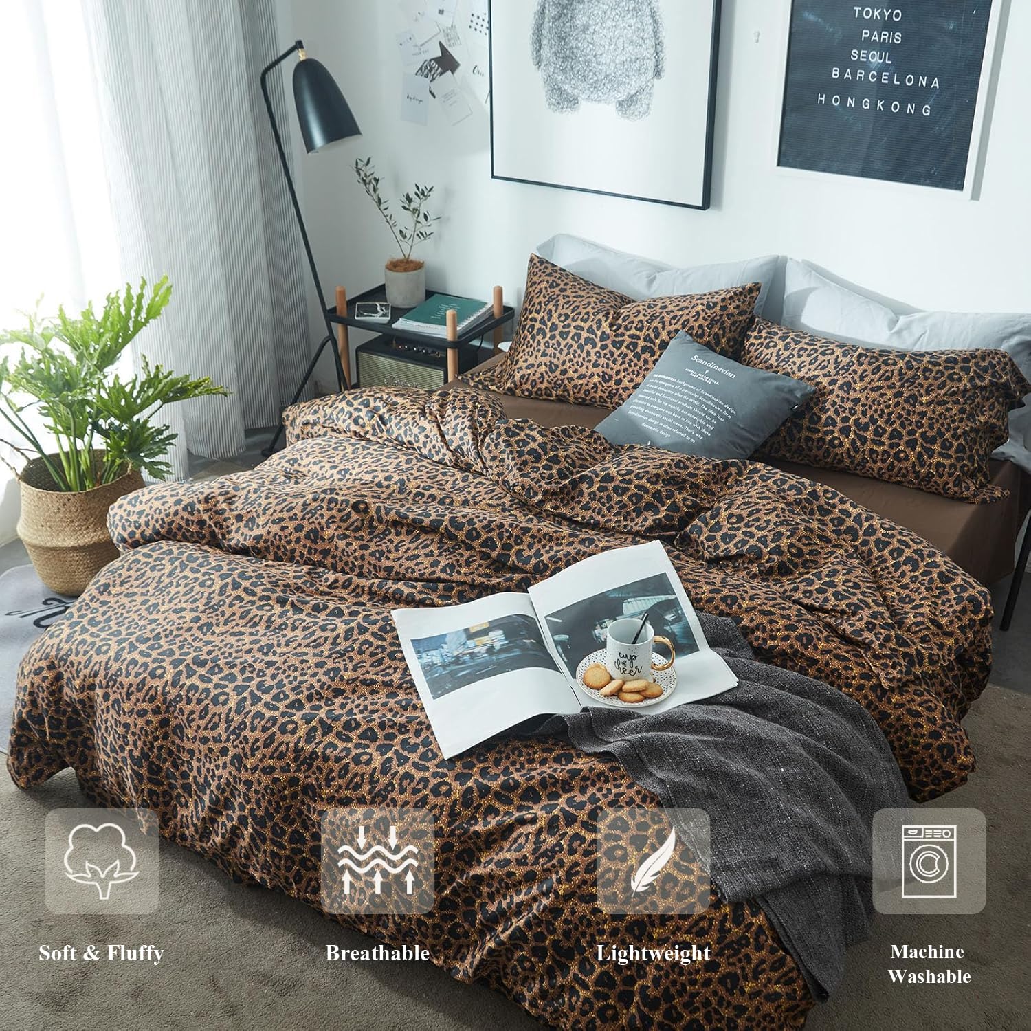 Mixinni leopard print comforter queen set display showing bold cheetah pattern for chic styling.
