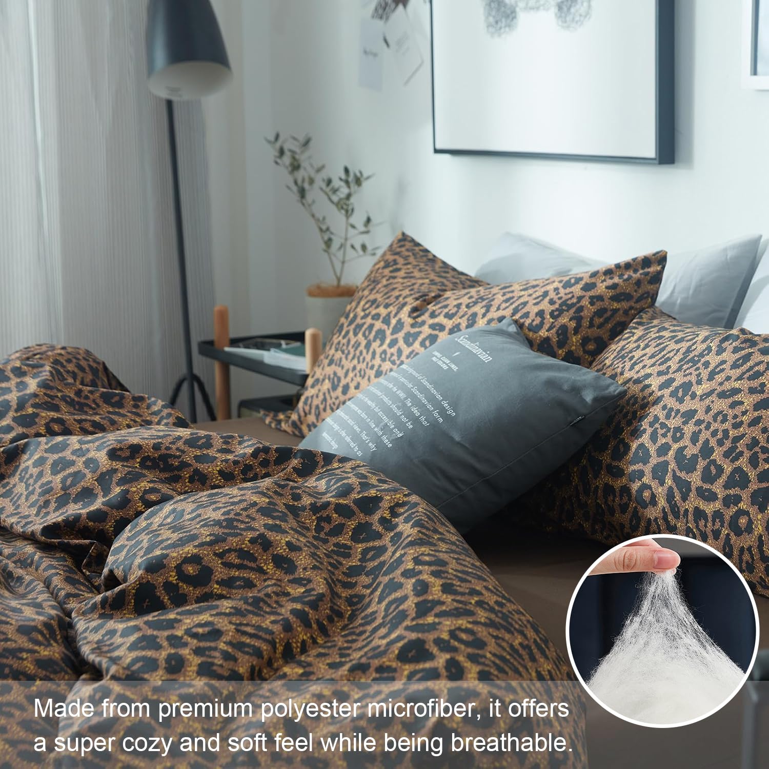 Mixinni leopard print comforter queen with pillows arrangement highlighting cozy soft surface.