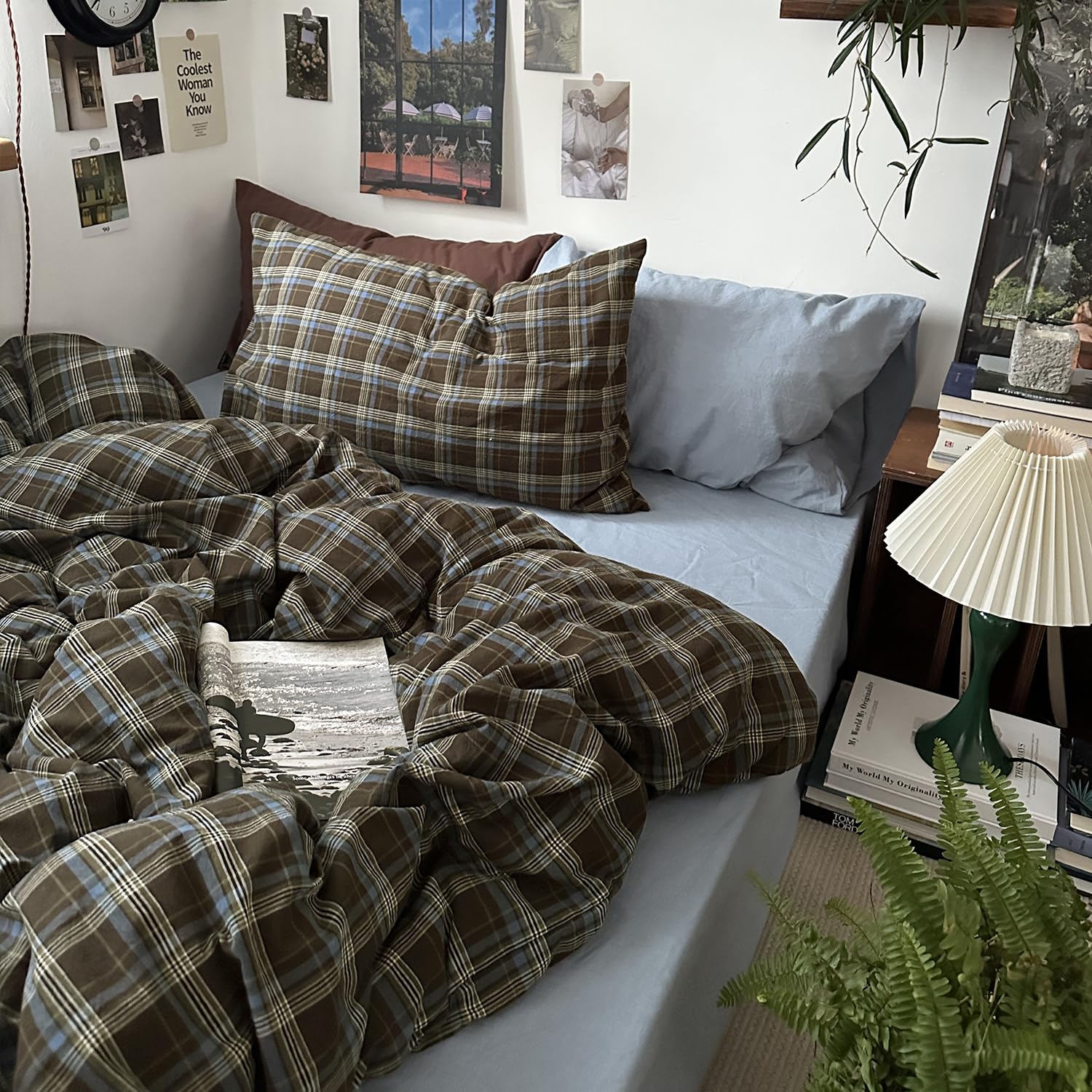 Mixinni neutral buffalo plaid layout enhances modern or rustic bedroom styling.