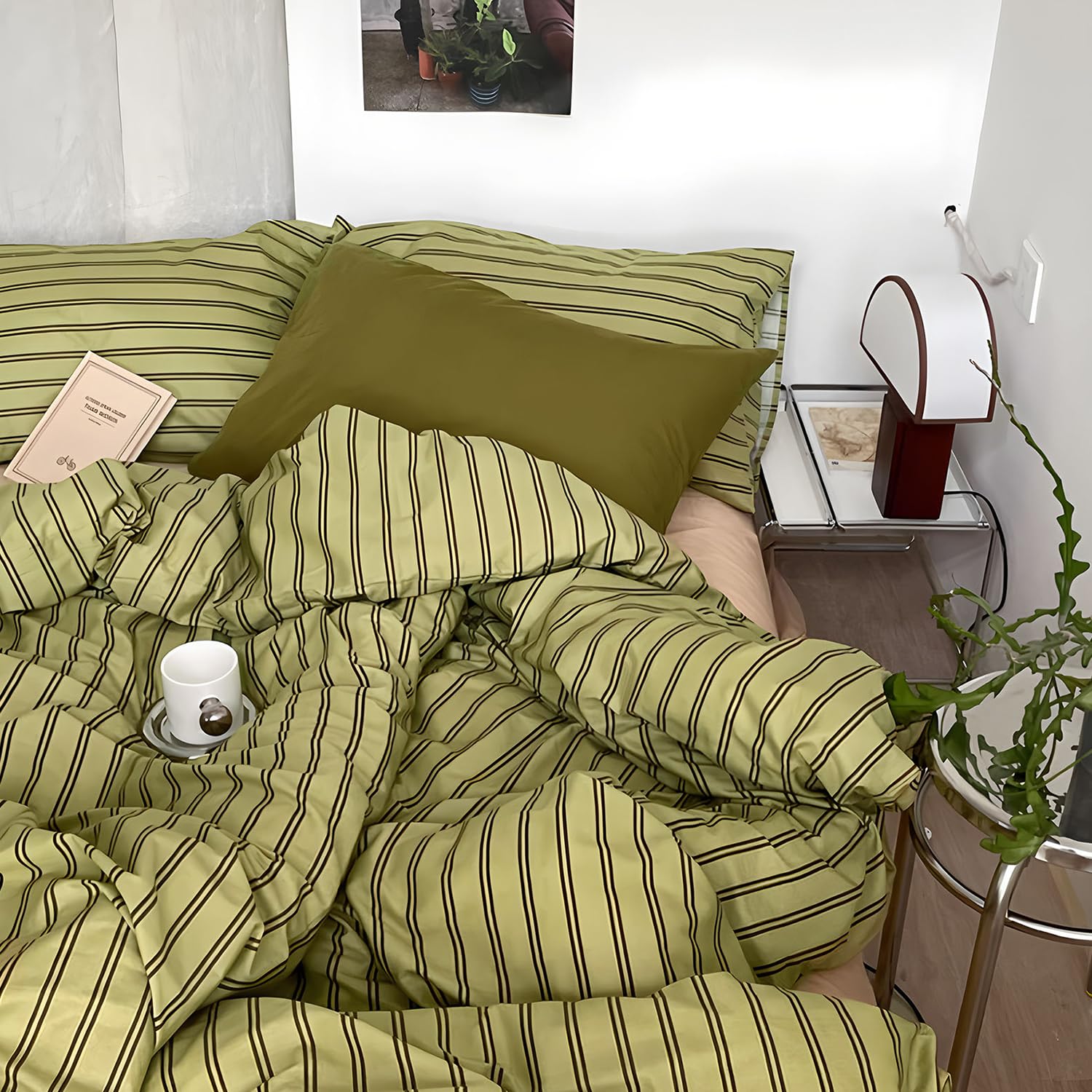 Mixinni Vintage Stripes duvet cover queen olive taupe fabric texture.