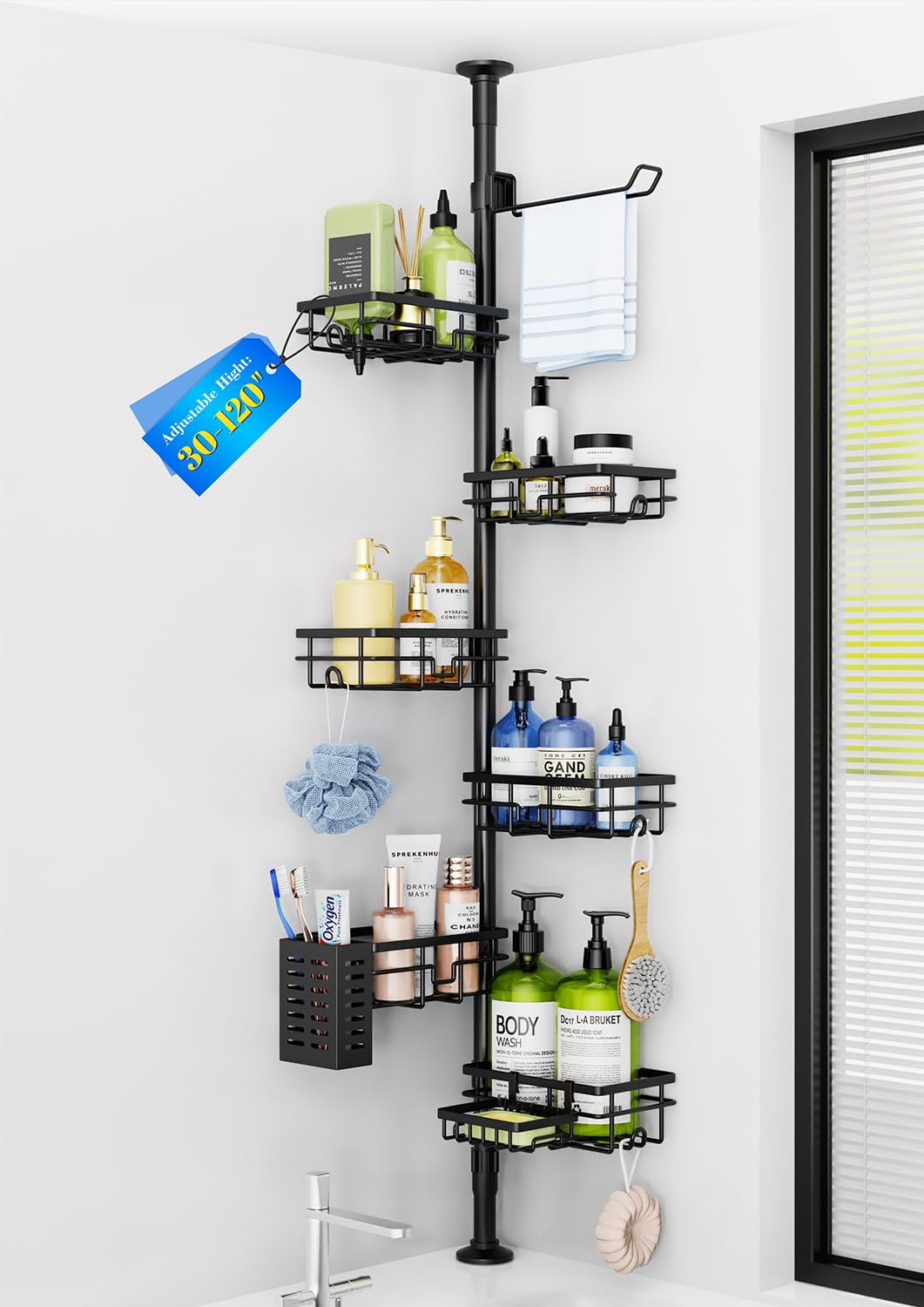 Mixoo corner shower caddy with adjustable pole for flexible corner storage.