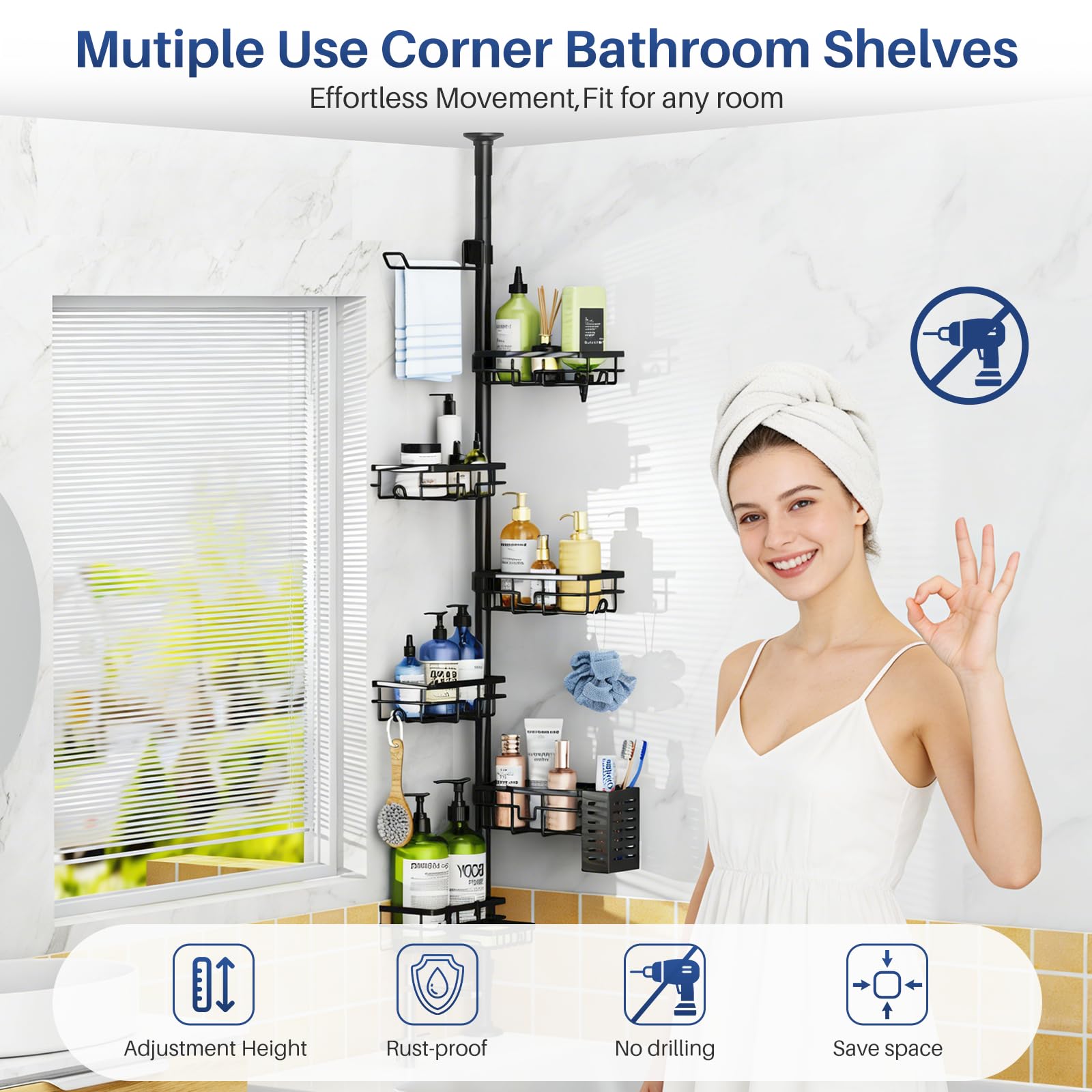 Mixoo high-capacity design stores shampoos, conditioners, razors and more.