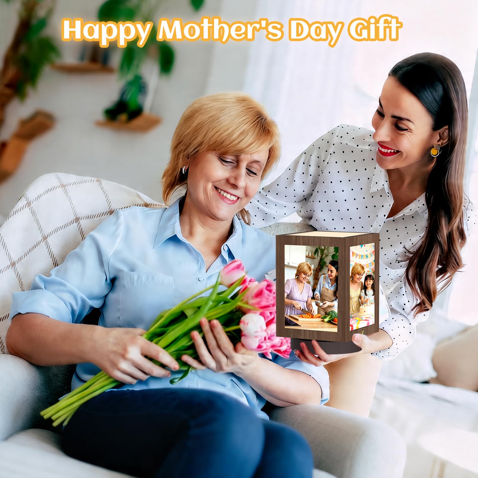 Mixoo living-room table decor blends lighting with a personal photo display.