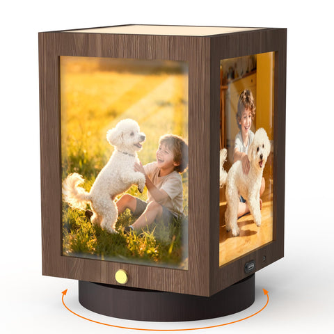 Mixoo picture-frame-light wooden rotating display for easy photo swaps and memories.