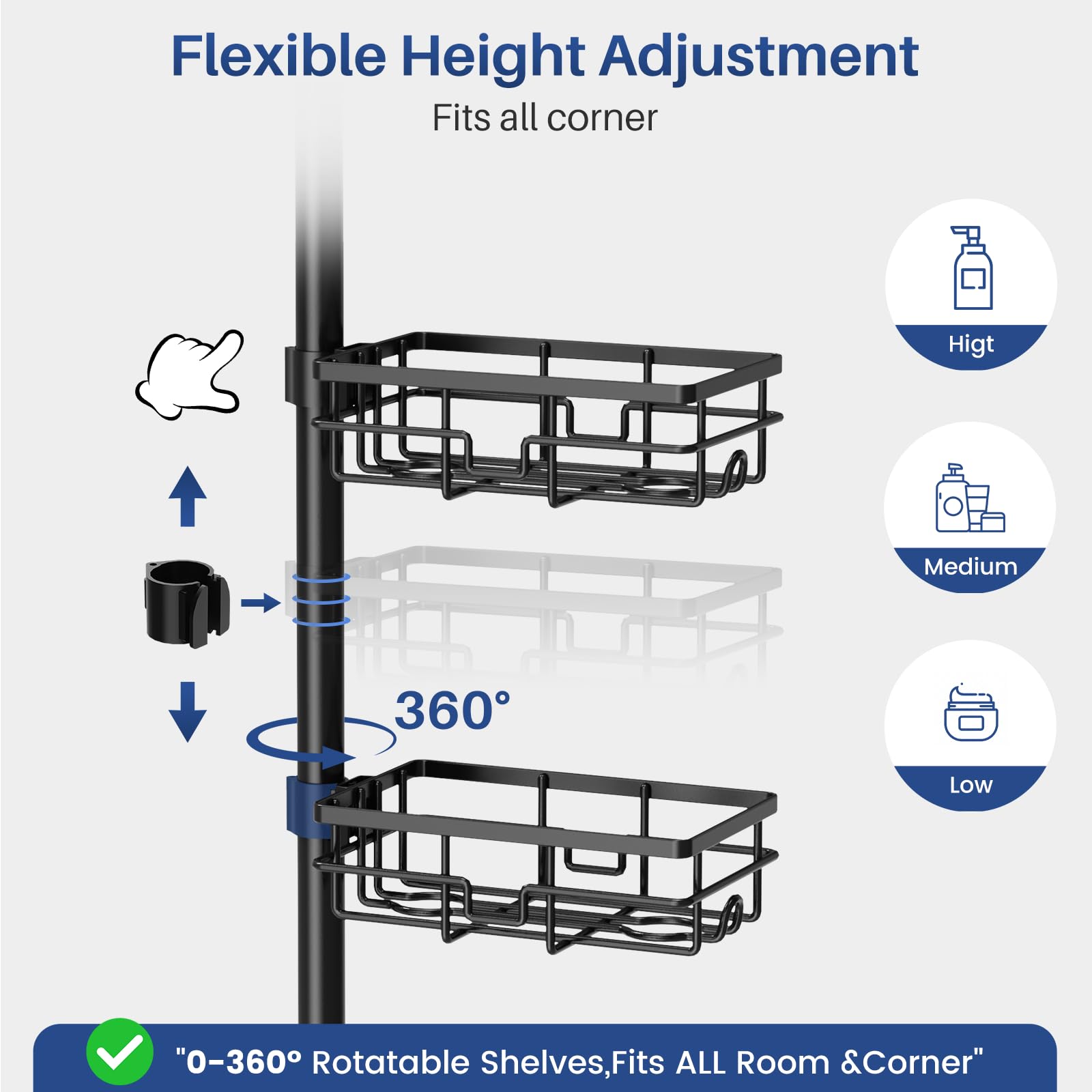 Mixoo shower caddy with tension pole lock system for wobble-free organization.
