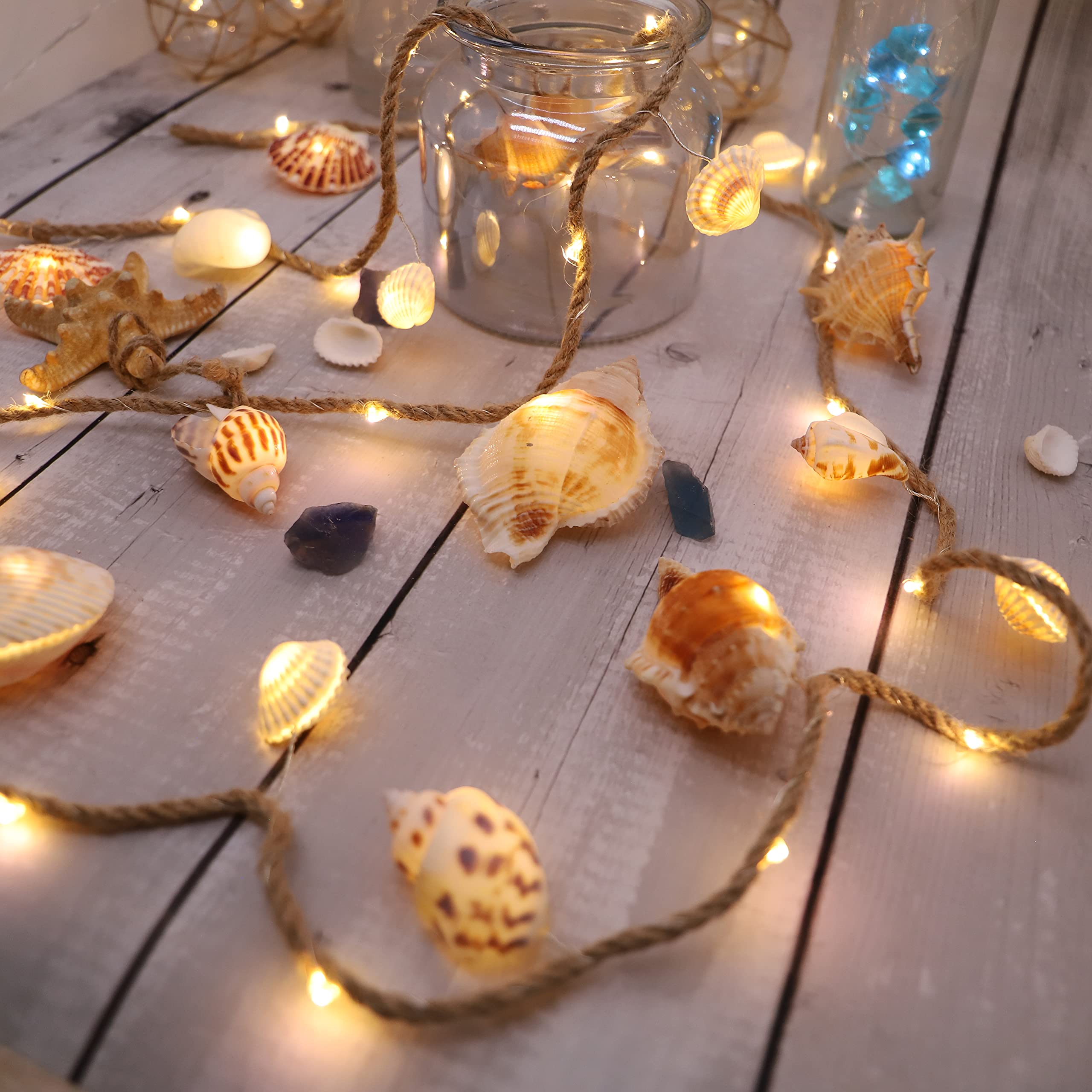 MIYA LIFE battery-powered nautical garland pairs with driftwood and natural textures.