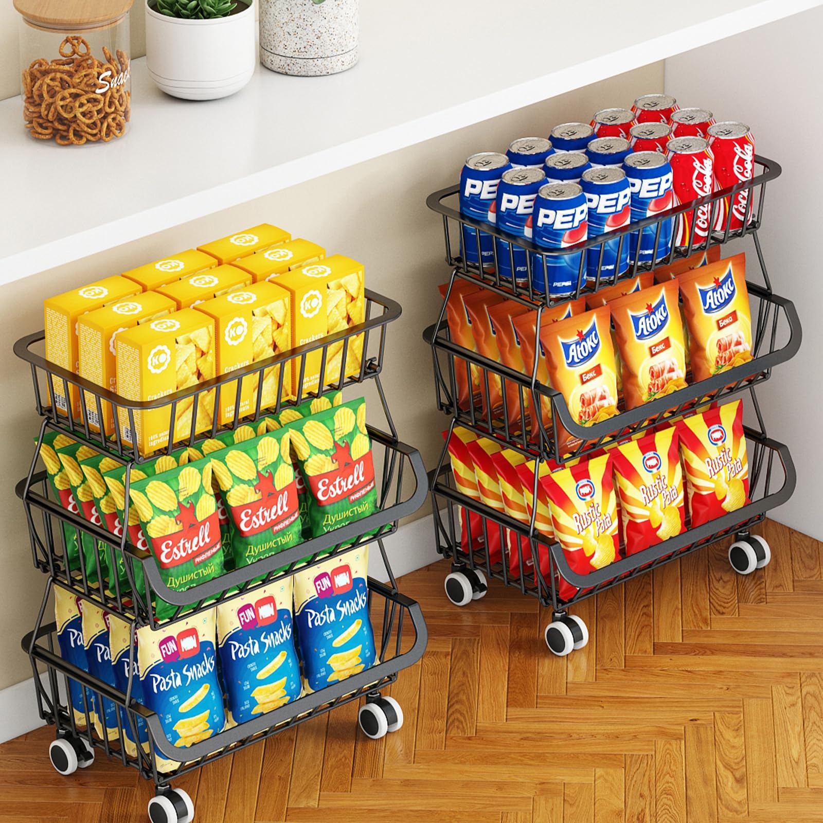Miyawell 3-tier pantry cart with wheels in black for easy access and mobility.
