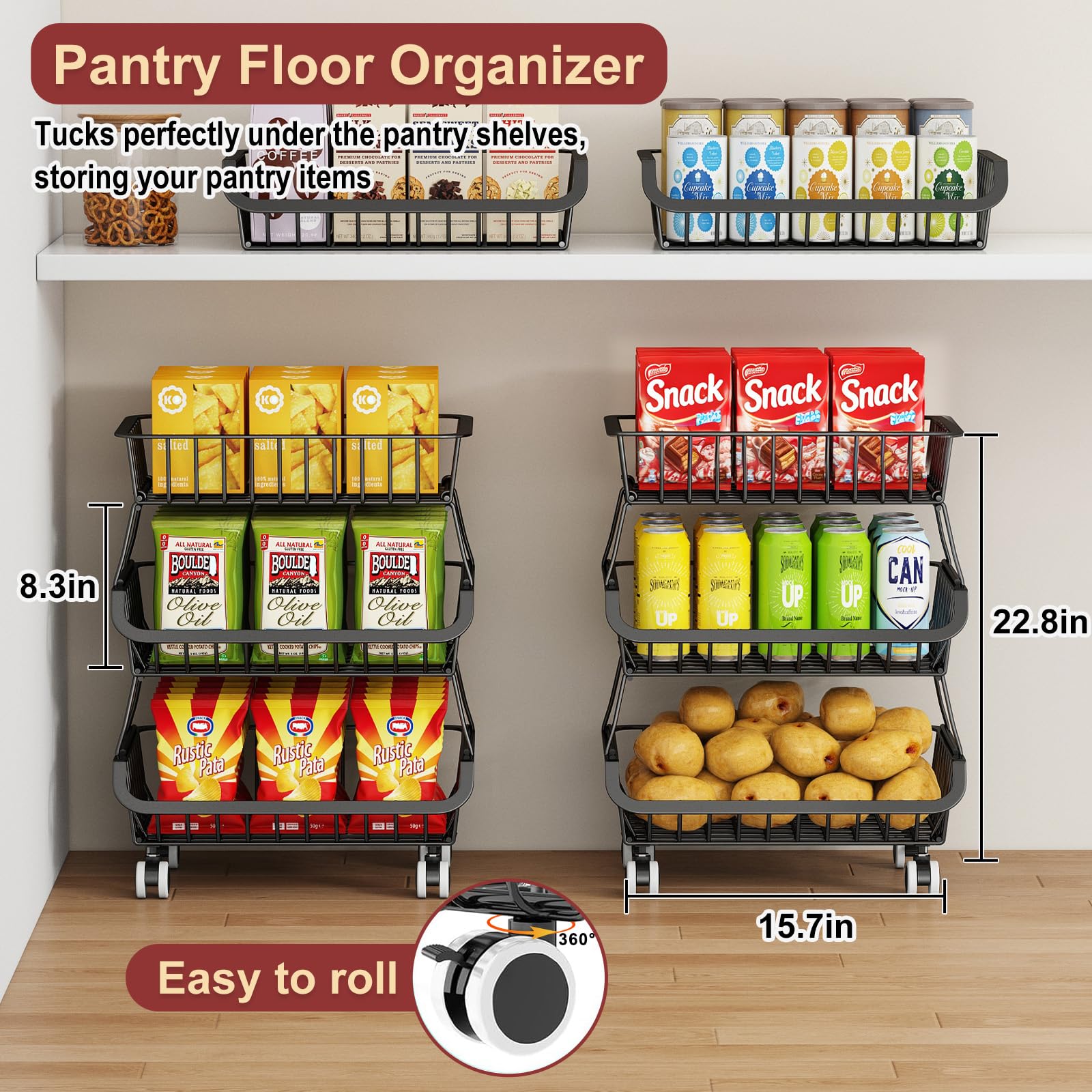 Miyawell stackable wire baskets boost organized storage and visibility.