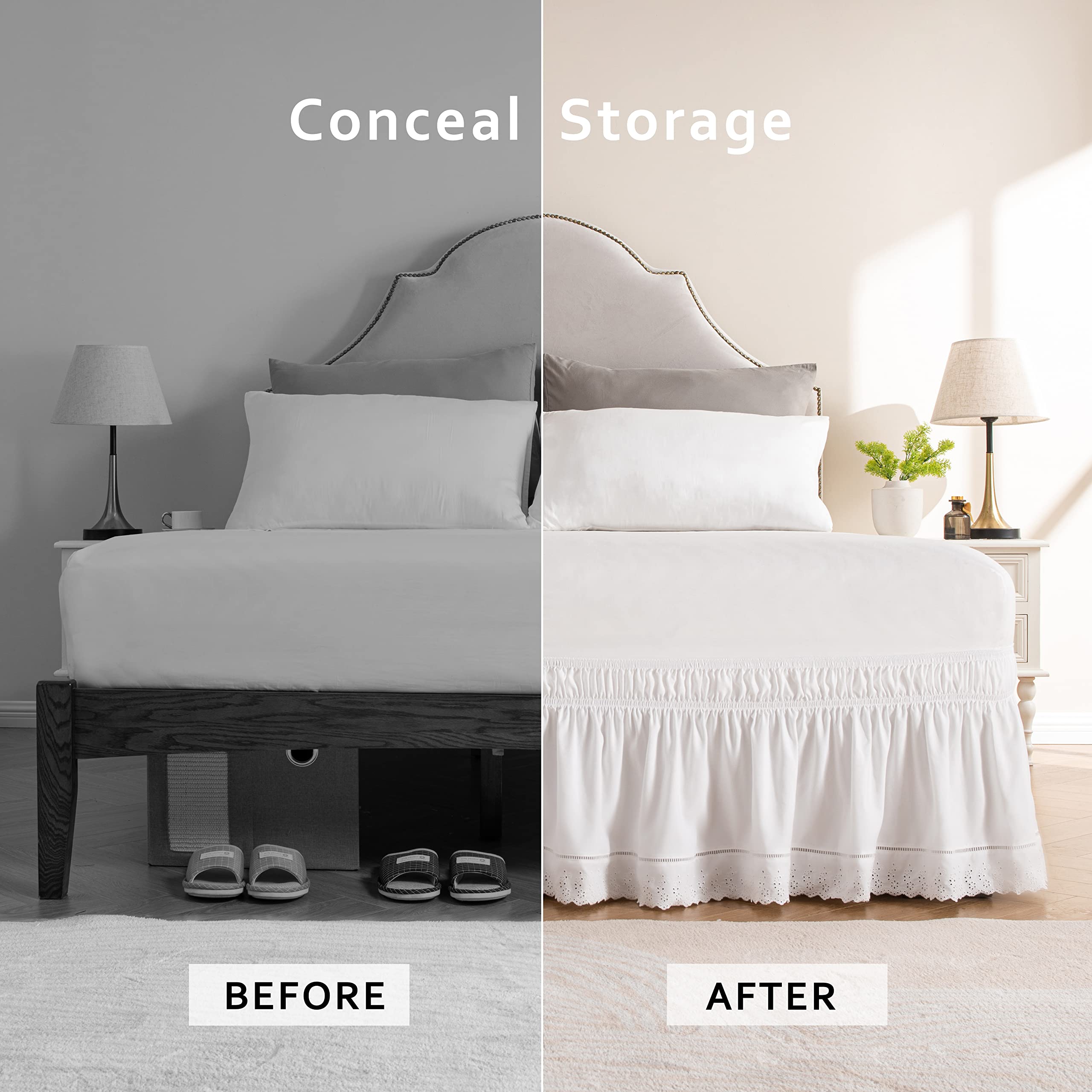 MIYE bed skirt with elastic buckle enables quick fit without lifting the mattress