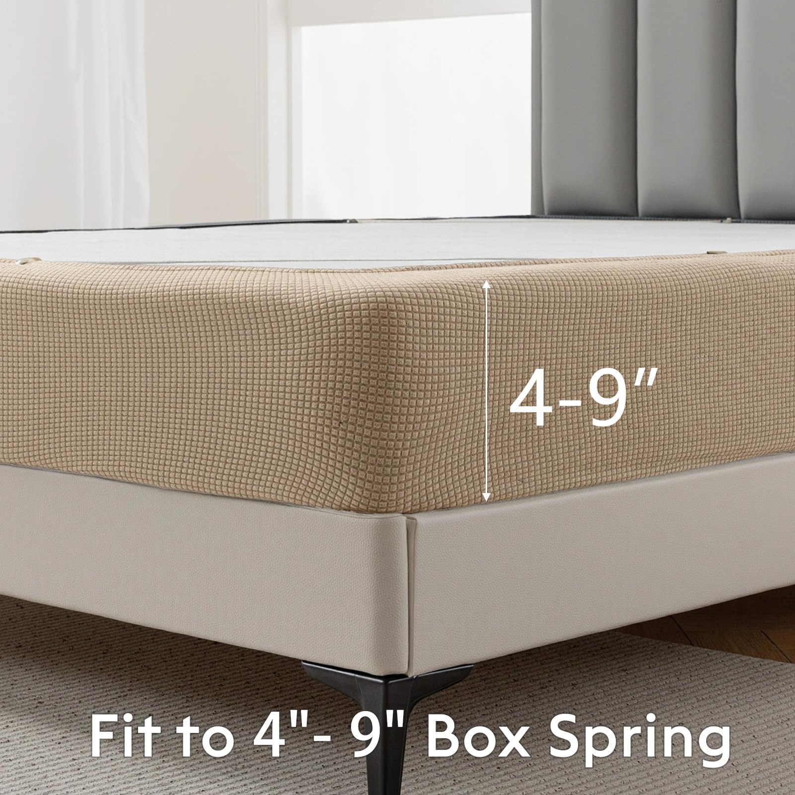 MIYE box spring cover with elastic straps keeps tight fit on 4-9 inch heights.