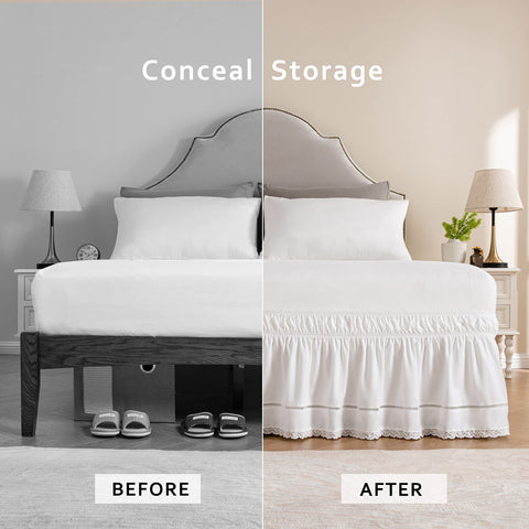MIYE lace bed skirt shows adjustable drop options for queen to king beds