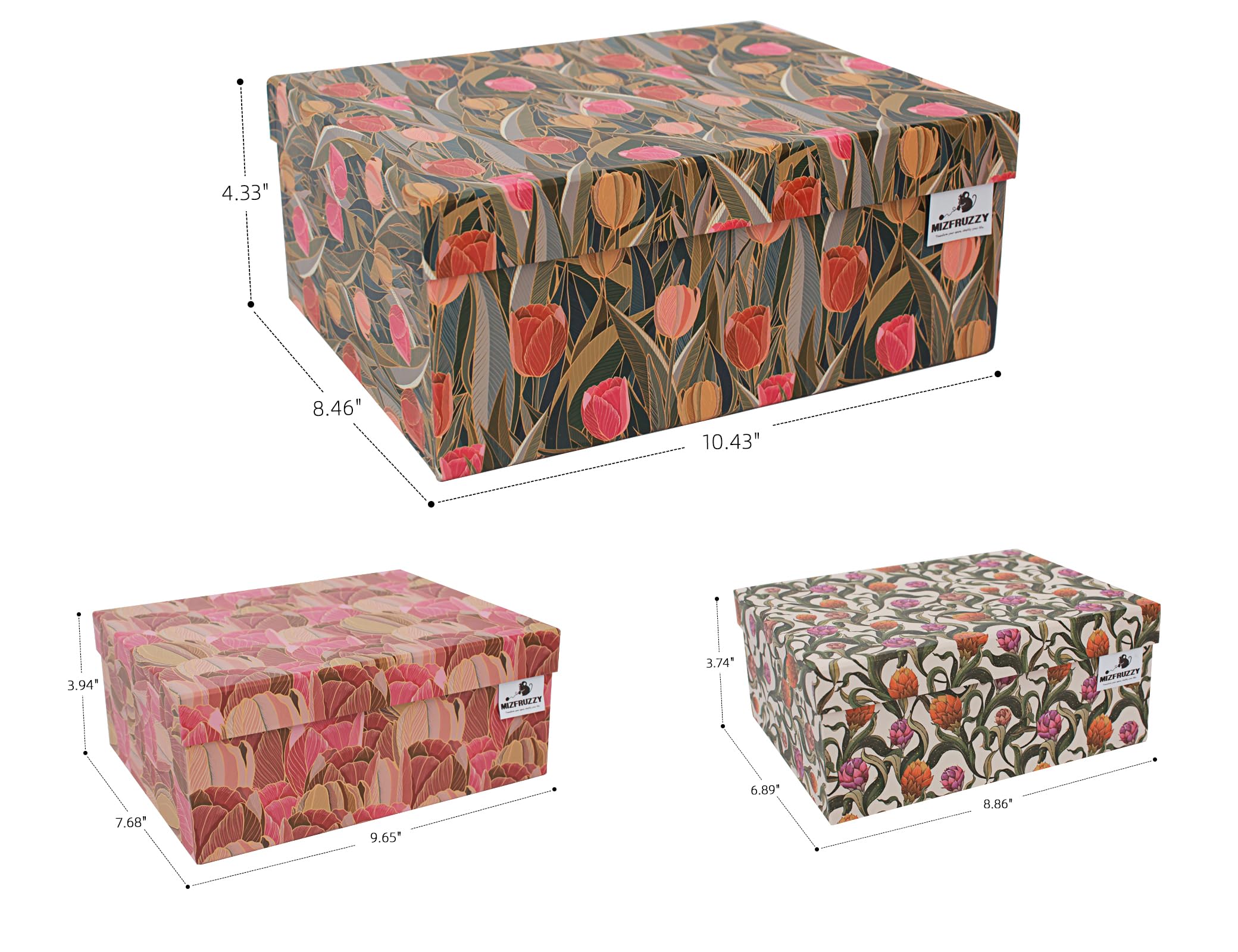 MIZFRUZZY tulip-pattern storage box open lid shows organization options.
