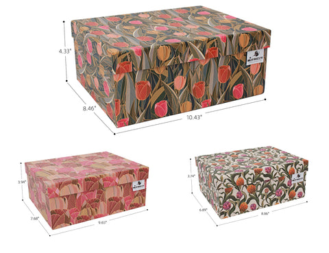 MIZFRUZZY tulip-pattern storage box open lid shows organization options.