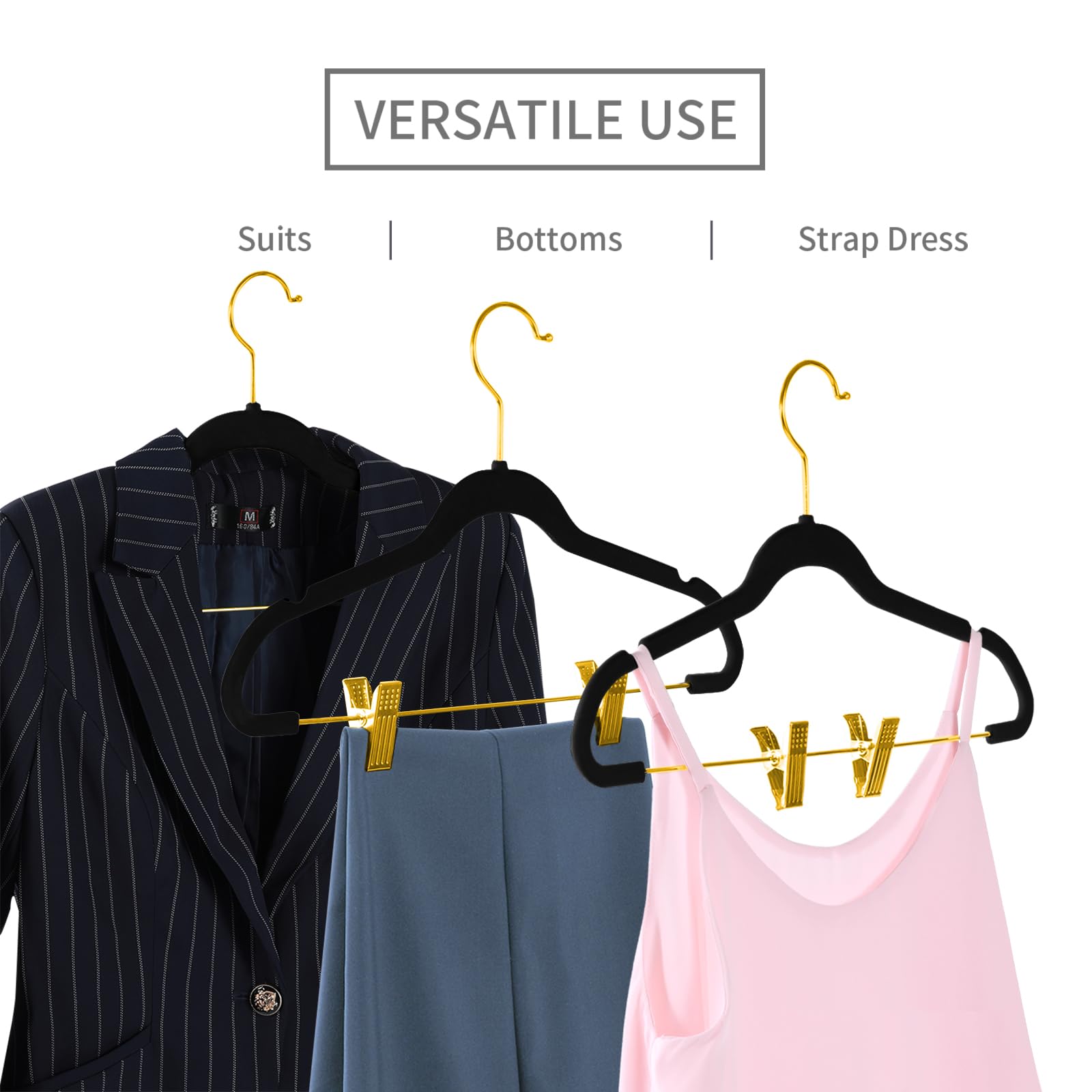 MIZGI 360-degree gold hooks for easy wardrobe sorting.