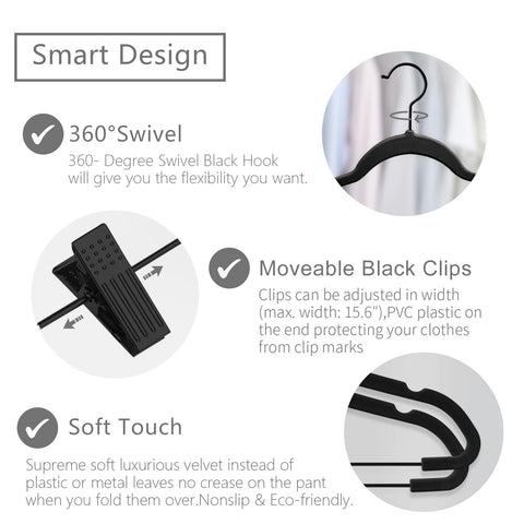 MIZGI velvet hangers with 360-degree swivel hooks for easy sorting.
