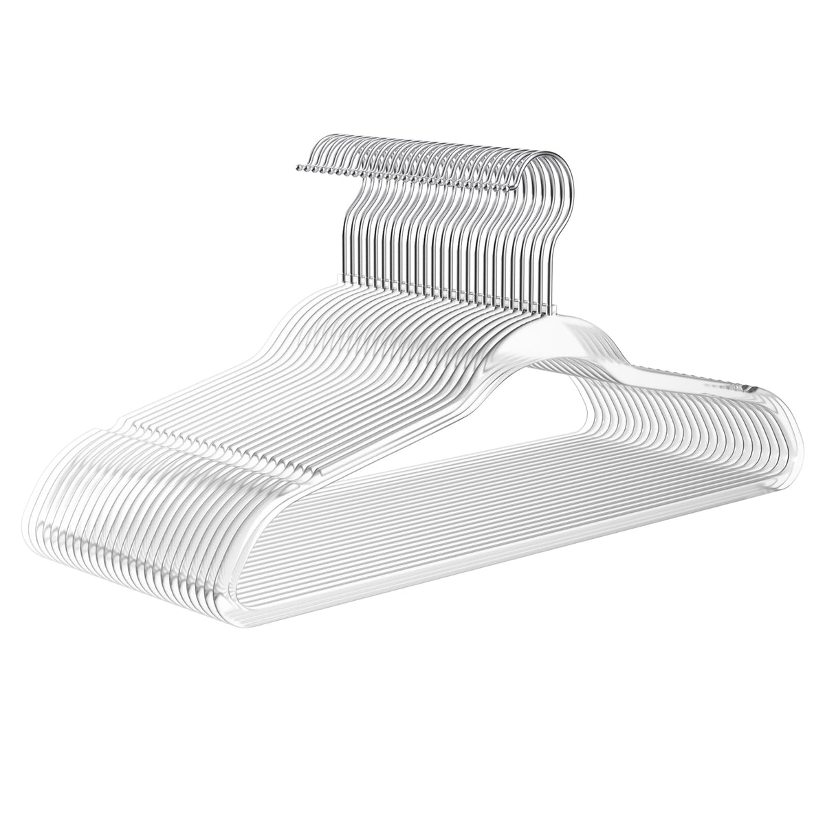 MIZGI 50-pack clear plastic hangers with invisible design for a sleek closet.
