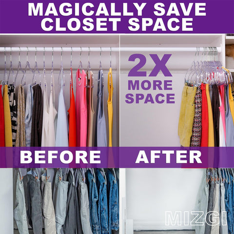 MIZGI 50-pack space-saving hangers maximize room for more garments.