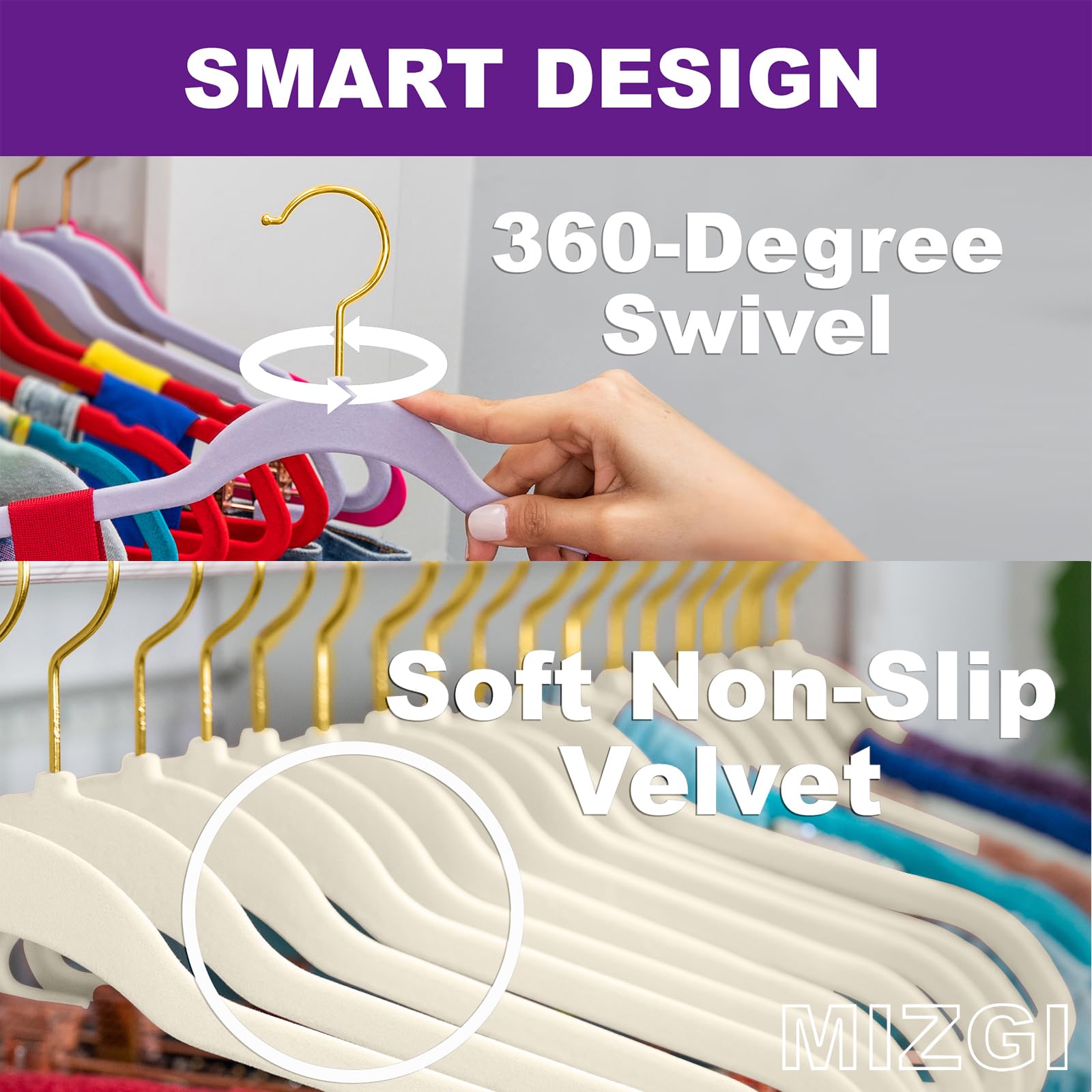 MIZGI Velvet hangers with gold swiveling hooks for easy sorting