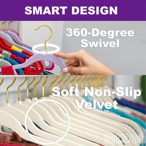 MIZGI Velvet hangers with gold swiveling hooks for easy sorting