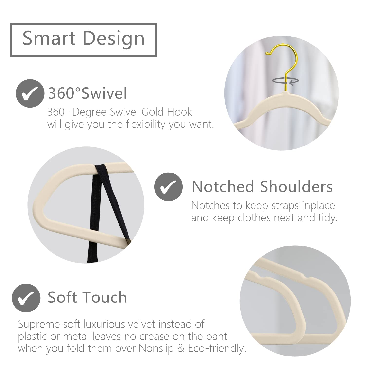 MIZGI hangers with swivel gold hooks, easy to rotate for quick outfit sorting.