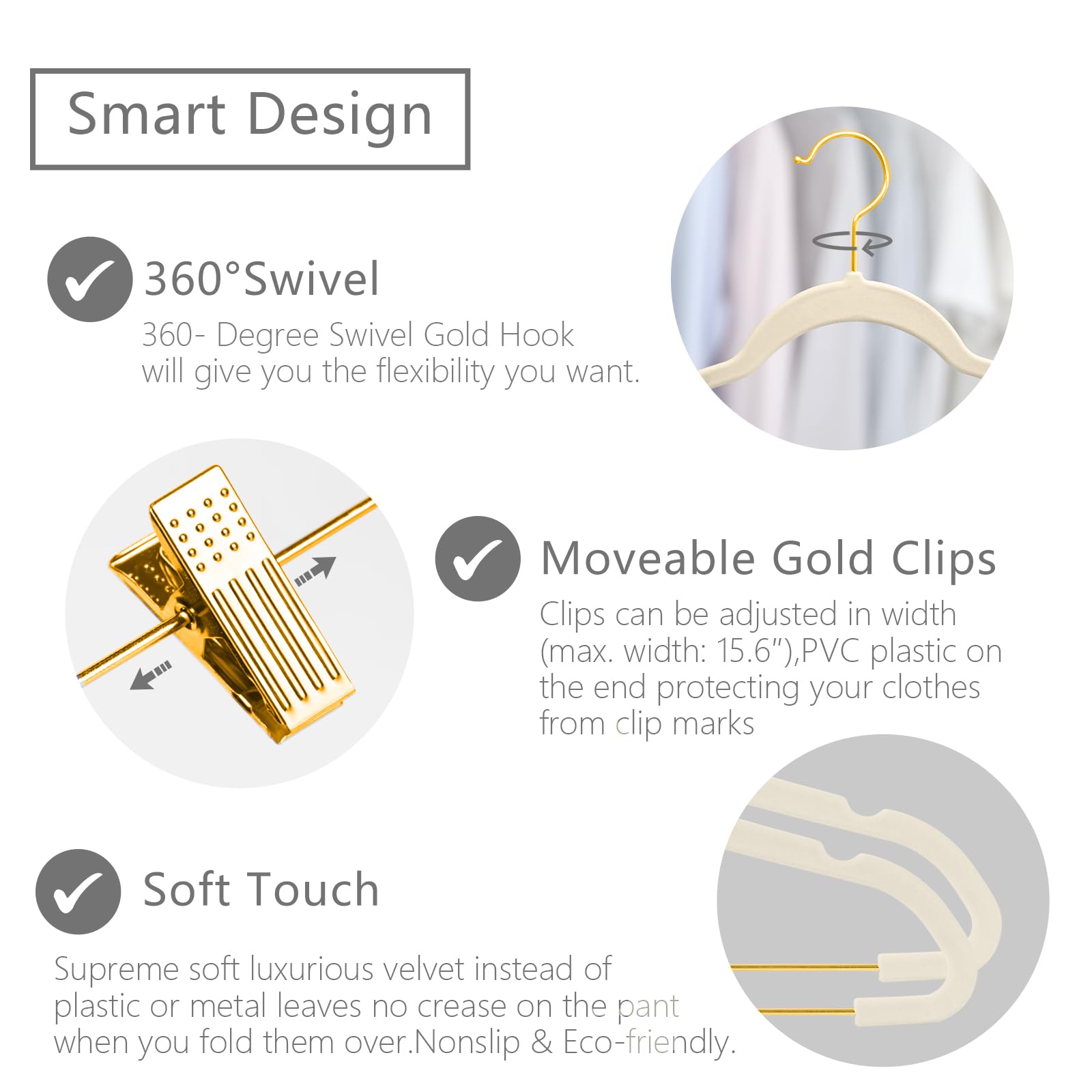 MIZGI ivory-gold pants hangers clips close-up showing adjustable clips