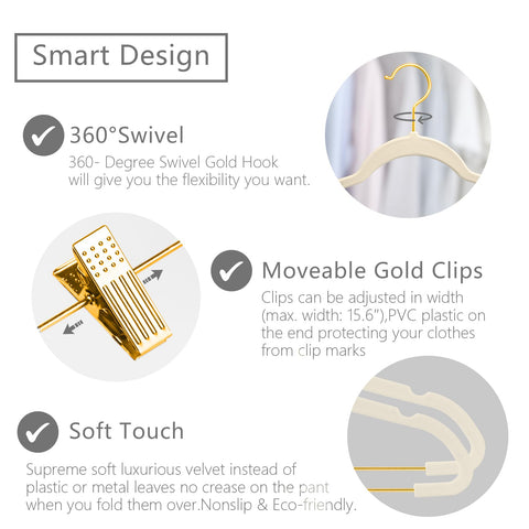 MIZGI ivory-gold pants hangers clips close-up showing adjustable clips