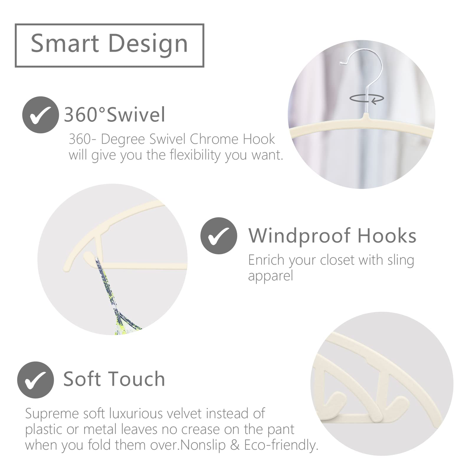 MIZGI velvet hanger with 360-degree swivel chrome hook for effortless sorting.