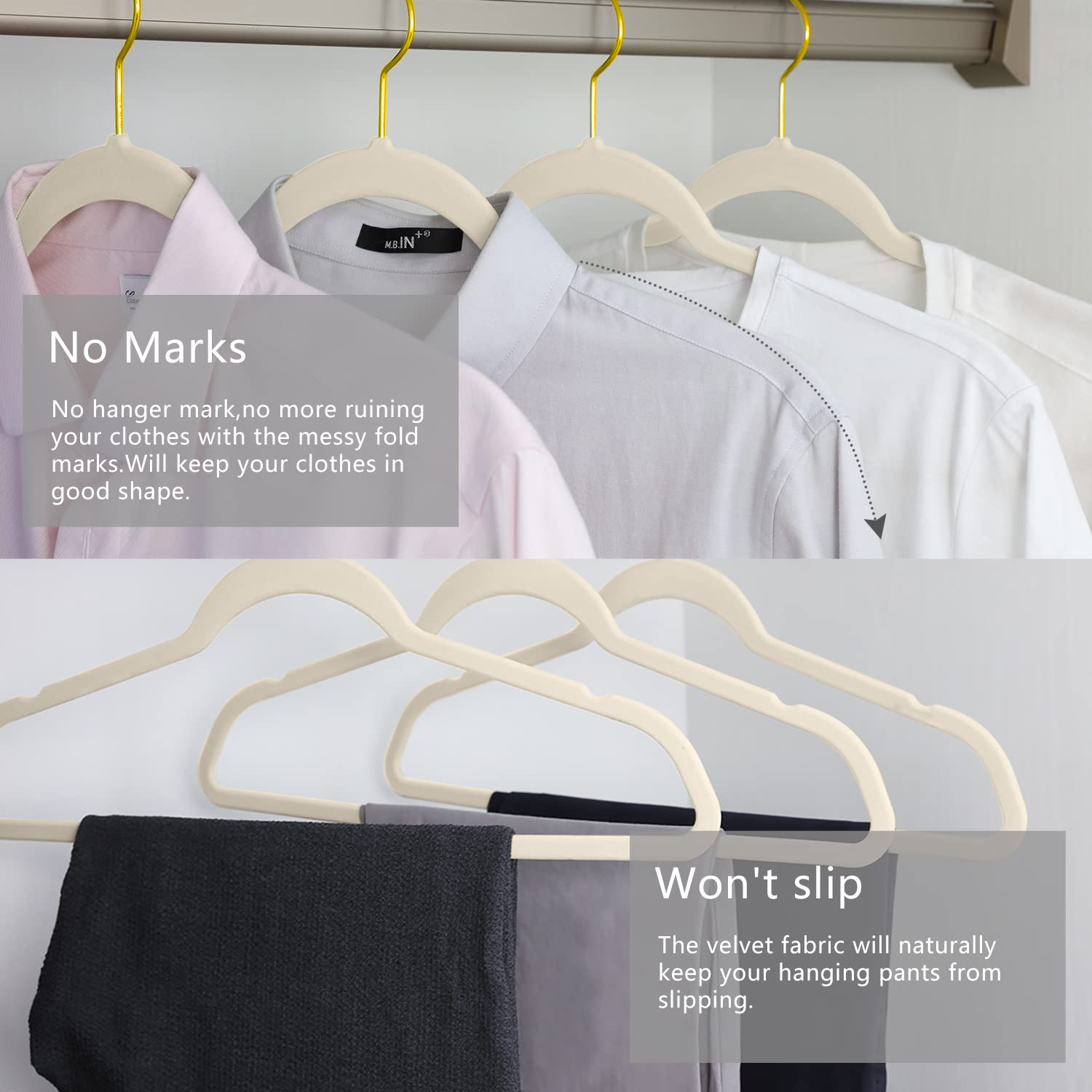 MIZGI nonslip velvet hangers prevent slipping and creasing for silky fabrics.