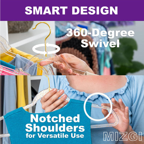 MIZGI hangers with 360-degree swivel hooks for easy sorting of clothes