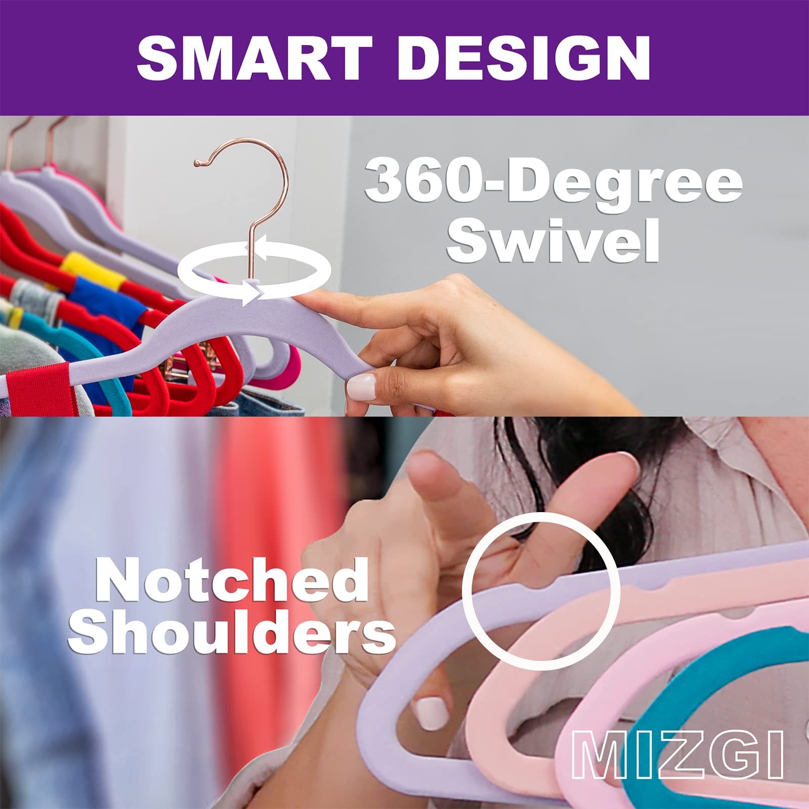 Slim profile MIZGI velvet hangers maximizing closet space.