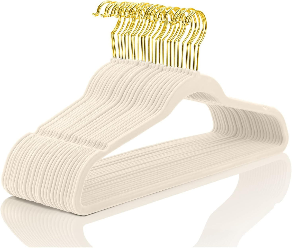 MIZGI Premium Velvet Hangers – 30-pack, ivory with gold hooks, space-saving and sturdy.