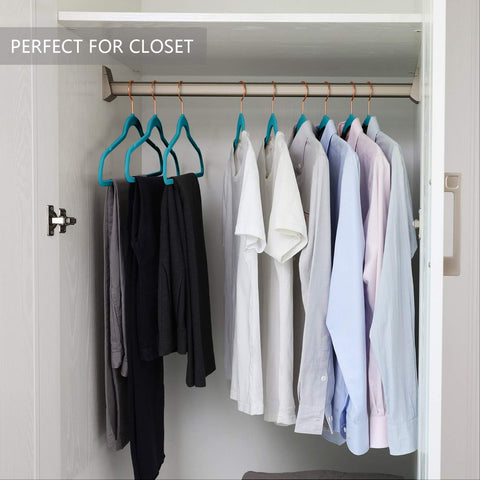 MIZGI teal velvet hanger in a neatly organized closet