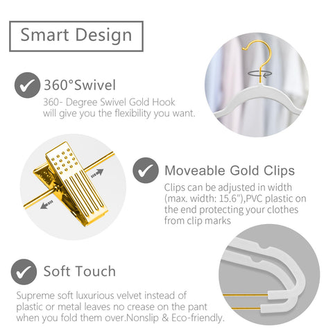MIZGI velvet pants hanger with adjustable gold clips for secure hems.
