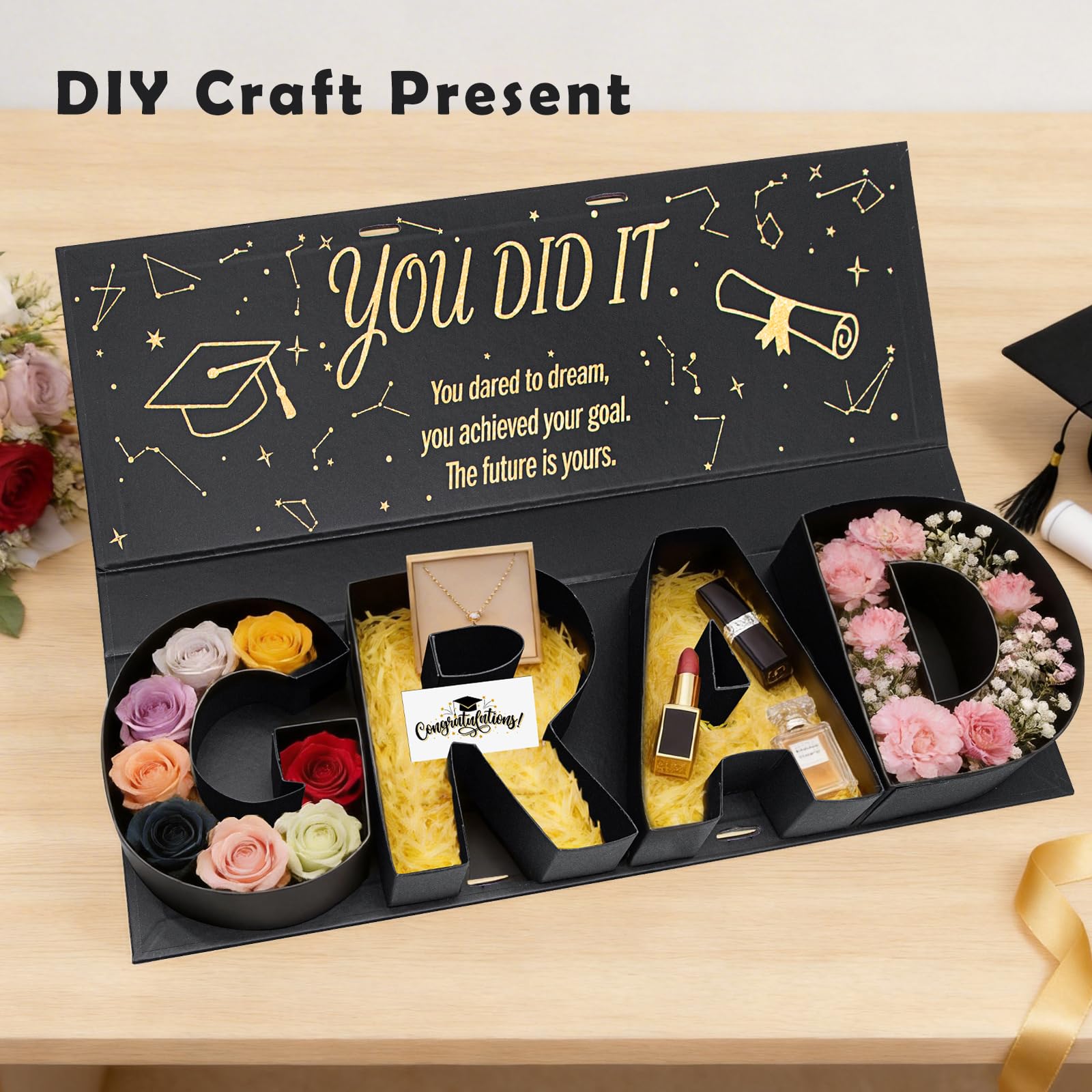 MJuAn letter-shaped box with ribbon ready for personalized graduation surprises