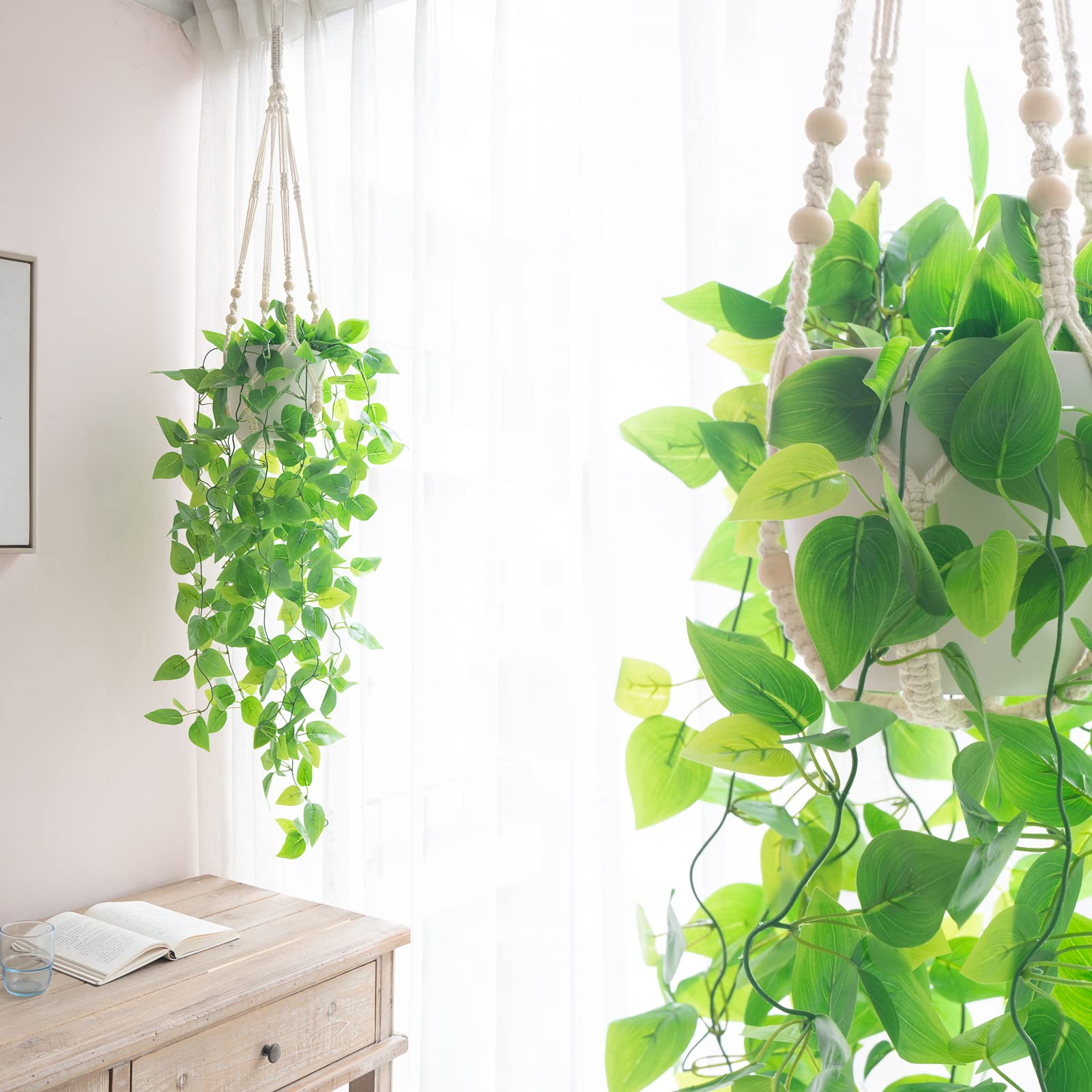 Mkono 29-inch macrame plant hanger showcasing easy setup and focal greenery.