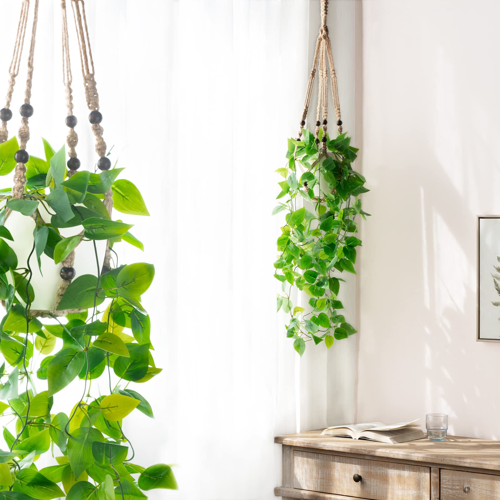 Mkono 29-inch macrame hanger displays lifelike pothos in style.