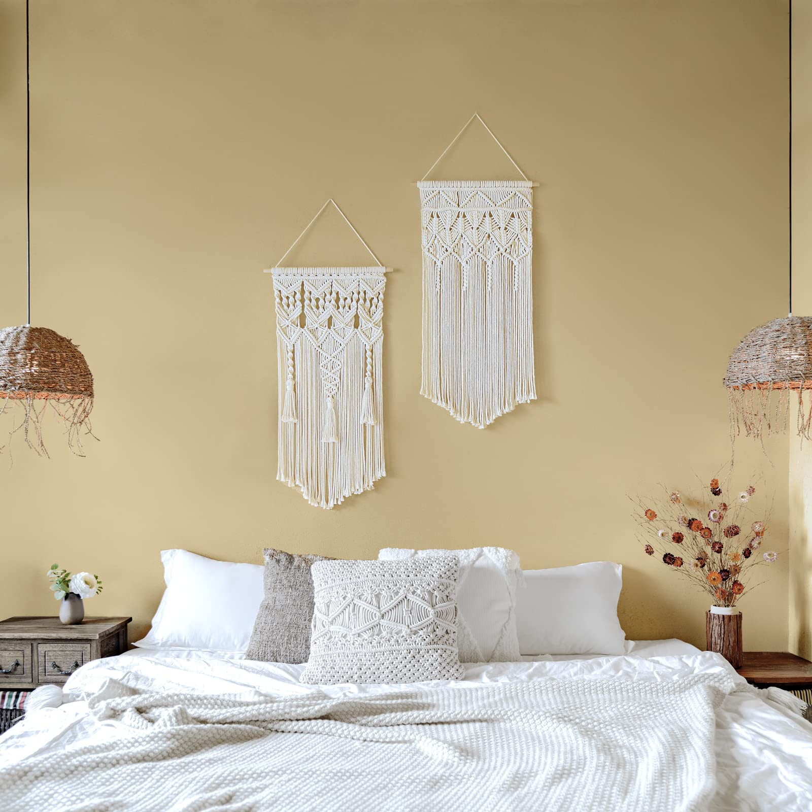 Mkono macrame wall hanging tassel detail brings warm texture to bedrooms or nurseries.