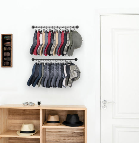 Mkono baseball cap organizer provides 30 hooks for quick cap access.